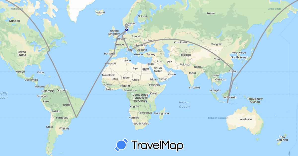 TravelMap itinerary: driving, plane in Brazil, Denmark, Spain, United Kingdom, Indonesia, Italy, Japan, Netherlands, Philippines, Taiwan, United States (Asia, Europe, North America, South America)